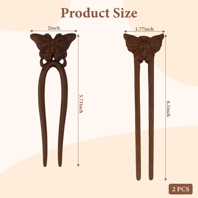 CUBACO 2 PCS Wooden Hair Sticks French Twist Hair Pins for Women Handmade Butterfly Wood Hair Forks Hair Sticks for Buns Vintage Chinese Hair Pins for Long Thick Hair Women Chignon Bun Updo Hairstyle - Image 3